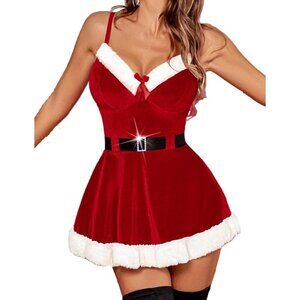 Women Red Santa Dress Set Christmas Dress for Babydoll Chemise Velvet Outfits